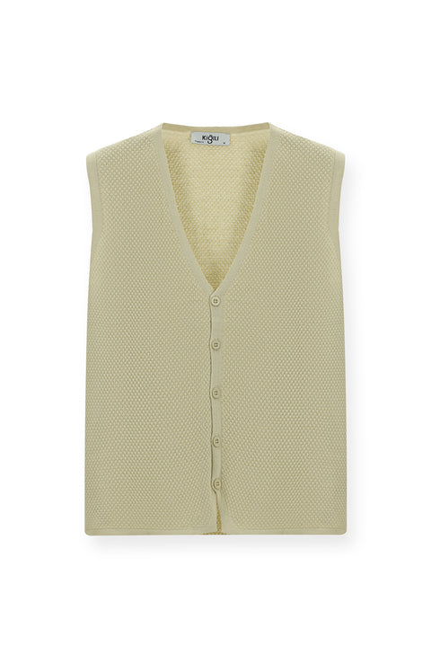 Açık Bej Pamuklu Desenli Triko Yelek