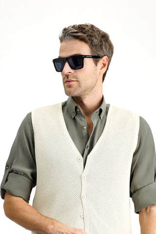  Açık Bej Pamuklu Desenli Triko Yelek