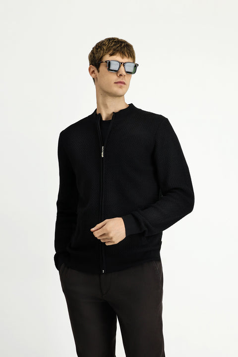 Siyah Slim Fit Dar Kesim Desenli Fermuarlı Pamuklu Triko Hırka