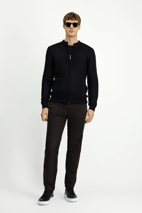 Siyah Slim Fit Dar Kesim Desenli Fermuarlı Pamuklu Triko Hırka