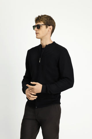  Siyah Slim Fit Dar Kesim Desenli Fermuarlı Pamuklu Triko Hırka