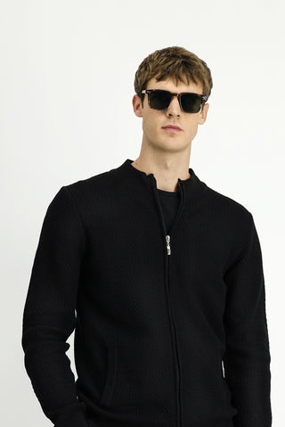  Siyah Slim Fit Dar Kesim Desenli Fermuarlı Pamuklu Triko Hırka