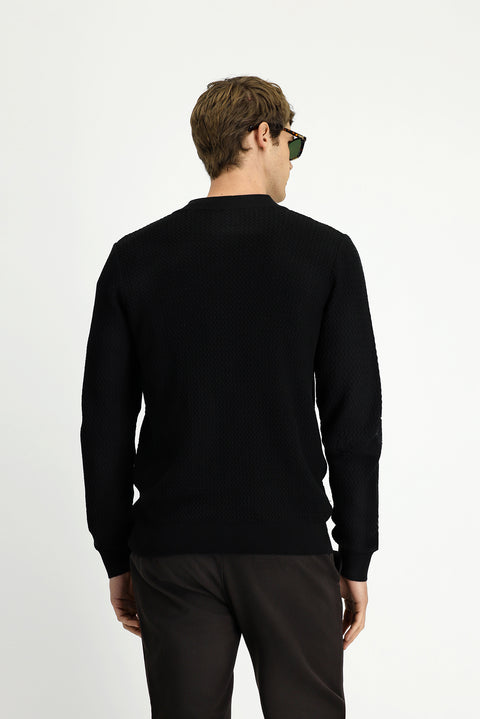 Siyah Slim Fit Dar Kesim Desenli Fermuarlı Pamuklu Triko Hırka