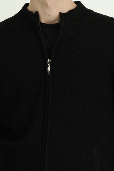 Siyah Slim Fit Dar Kesim Desenli Fermuarlı Pamuklu Triko Hırka