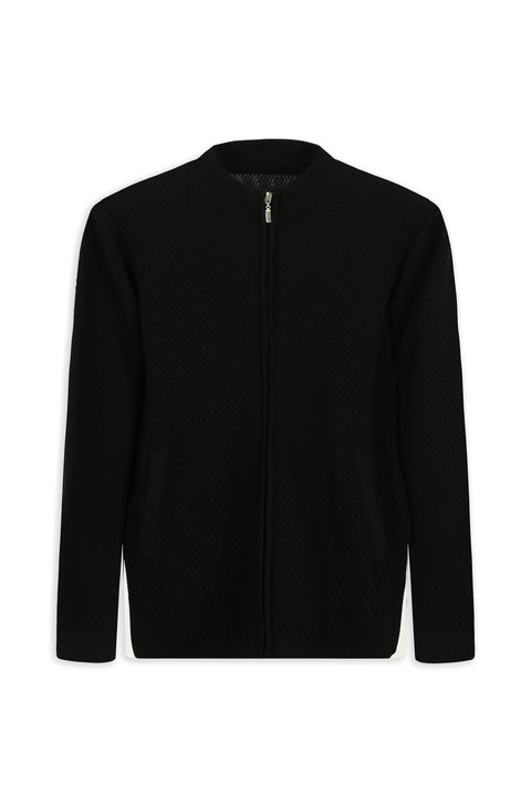 Siyah Slim Fit Dar Kesim Desenli Fermuarlı Pamuklu Triko Hırka