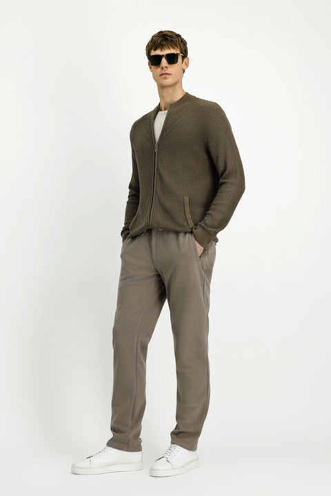 Orta Kahve Slim Fit Dar Kesim Desenli Fermuarlı Pamuklu Triko Hırka