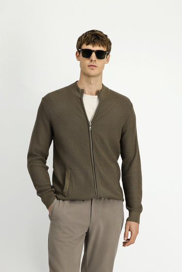  Orta Kahve Slim Fit Dar Kesim Desenli Fermuarlı Pamuklu Triko Hırka