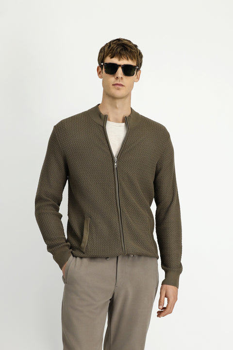 Orta Kahve Slim Fit Dar Kesim Desenli Fermuarlı Pamuklu Triko Hırka