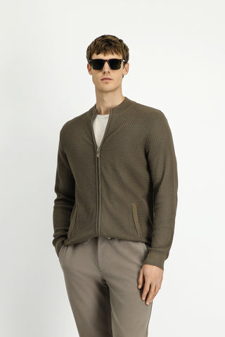  Orta Kahve Slim Fit Dar Kesim Desenli Fermuarlı Pamuklu Triko Hırka