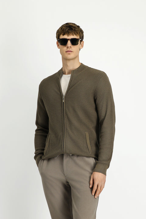 Orta Kahve Slim Fit Dar Kesim Desenli Fermuarlı Pamuklu Triko Hırka