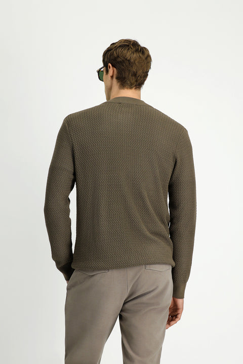 Orta Kahve Slim Fit Dar Kesim Desenli Fermuarlı Pamuklu Triko Hırka