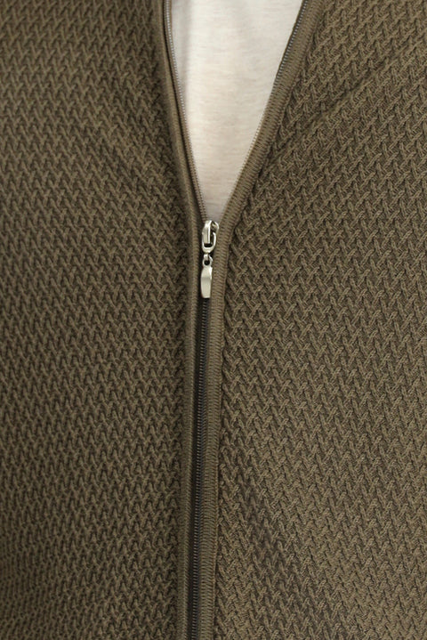 Orta Kahve Slim Fit Dar Kesim Desenli Fermuarlı Pamuklu Triko Hırka