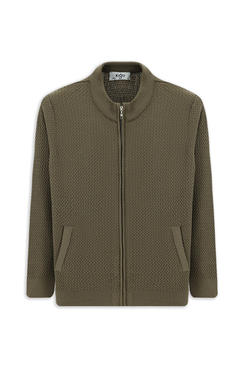 Orta Kahve Slim Fit Dar Kesim Desenli Fermuarlı Pamuklu Triko Hırka