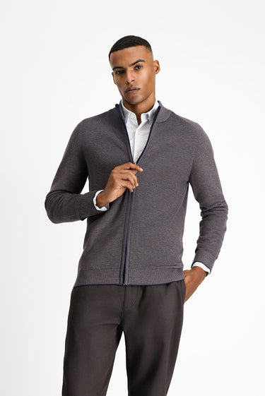 Açık Kahve  Slim Fit Dar Kesim Desenli Fermuarlı Pamuklu Triko Hırka