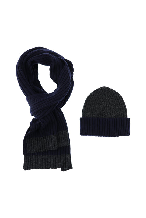 Koyu Lacivert Yünlü Desenli Atkı & Bere Takımı