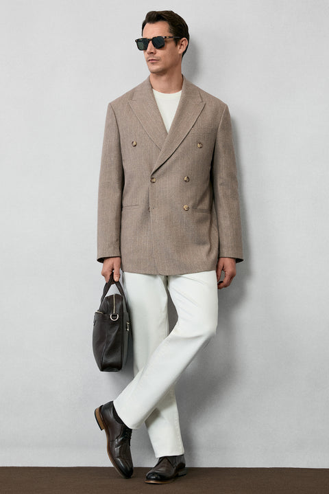 Orta Vizon 8 Drop Muscle Fit Uzun Atletik Kesim Sivri Yaka Çizgili Yünlü Kruvaze Ceket