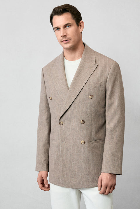 Orta Vizon 8 Drop Muscle Fit Uzun Atletik Kesim Sivri Yaka Çizgili Yünlü Kruvaze Ceket