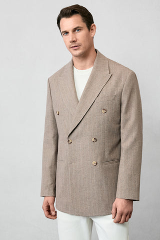  Orta Vizon 6 Drop Milano Full Oversize Fit Tam Oversize Kesim Sivri Yaka Çizgili Yünlü Kruvaze Ceket