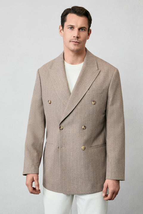 Orta Vizon Verona Kalıp Sivri Yaka Çizgili Yünlü Kruvaze Ceket