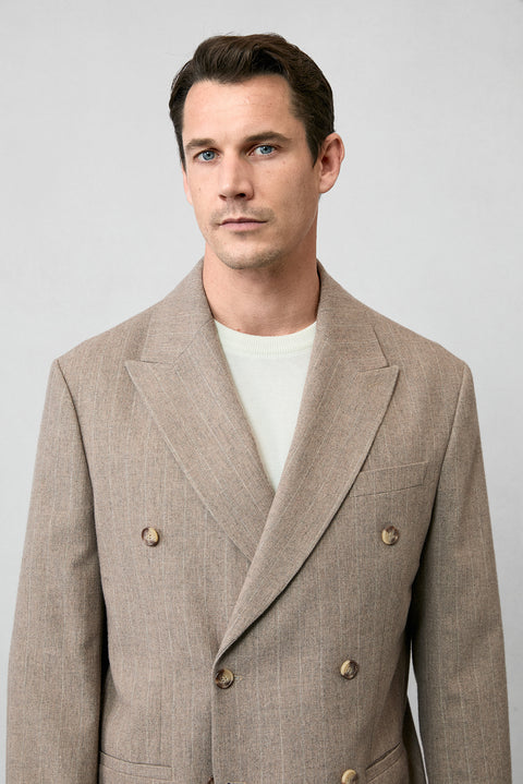 Orta Vizon Verona Kalıp Sivri Yaka Çizgili Yünlü Kruvaze Ceket