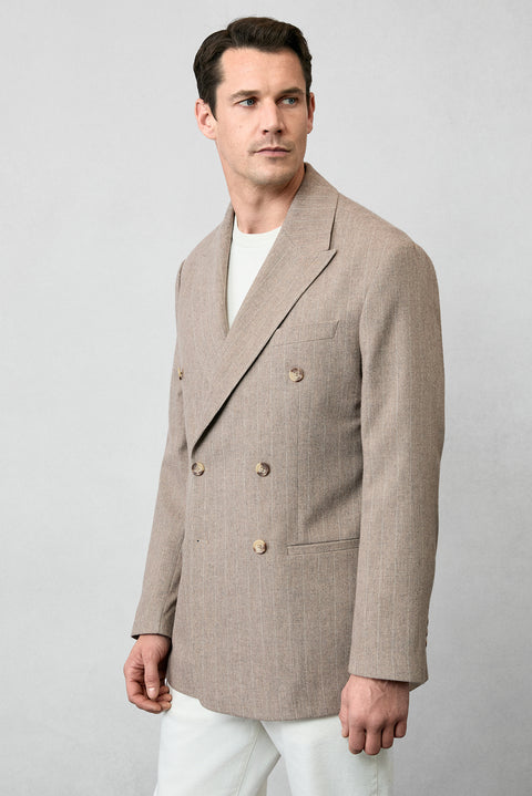 Orta Vizon Milano Kalıp Sivri Yaka Çizgili Yünlü Kruvaze Ceket