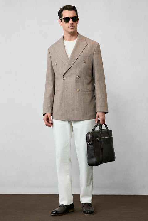 Orta Vizon Milano Kalıp Sivri Yaka Çizgili Yünlü Kruvaze Ceket