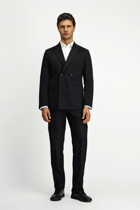 Black 6 Drop Regular Fit Striped Knit Double-Breasted Jacket