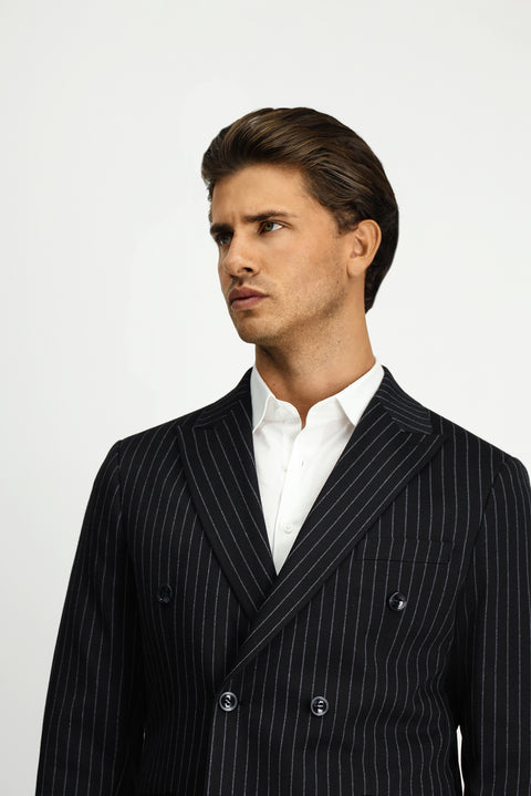 Siyah 6 Drop Regular Fit Standart Kesim Çizgili Örme Kruvaze Ceket