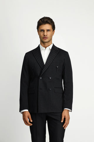  Siyah 4 Drop Relaxed Fit Rahat Kesim Çizgili Örme Kruvaze Ceket