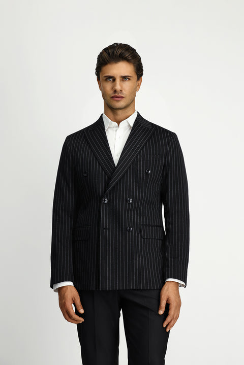 Siyah 4 Drop Relaxed Fit Rahat Kesim Çizgili Örme Kruvaze Ceket