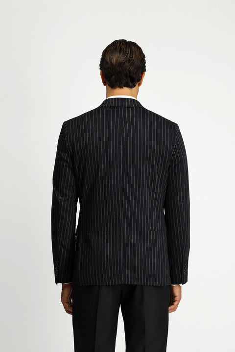 Black 6 Drop Regular Fit Striped Knit Double-Breasted Jacket