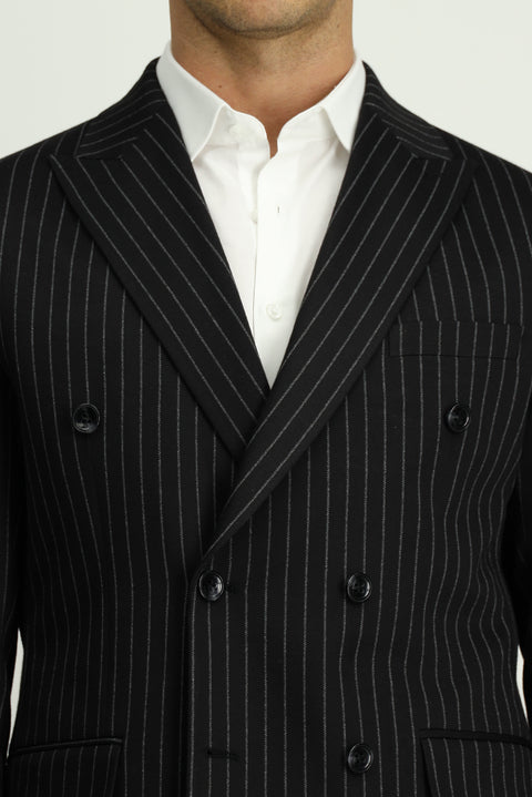 Siyah 4 Drop Relaxed Fit Rahat Kesim Çizgili Örme Kruvaze Ceket