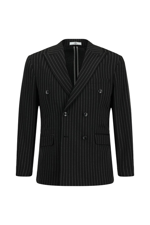 Siyah 6 Drop Regular Fit Standart Kesim Çizgili Örme Kruvaze Ceket