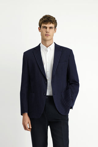  Koyu Lacivert Regular Fit Çizgili Örme Kruvaze Ceket