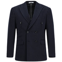 Koyu Lacivert 4 Drop Relaxed Fit Rahat Kesim Çizgili Örme Kruvaze Ceket