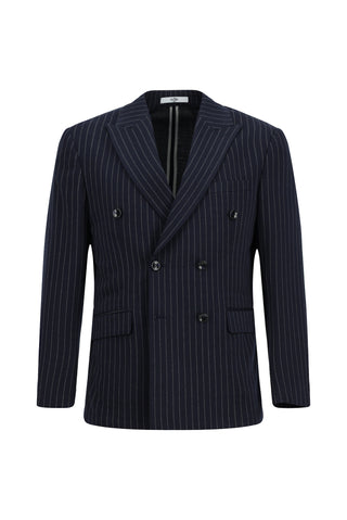  Koyu Lacivert 4 Drop Relaxed Fit Rahat Kesim Çizgili Örme Kruvaze Ceket