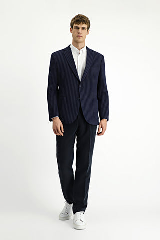  Koyu Lacivert Regular Fit Çizgili Örme Kruvaze Ceket