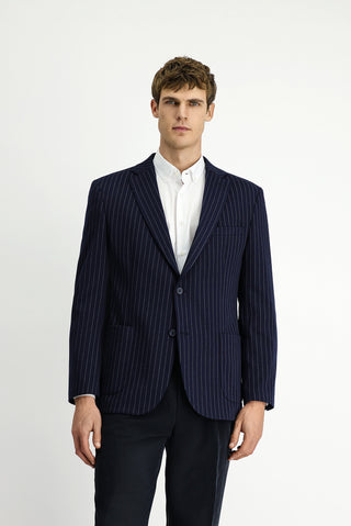  Koyu Lacivert Regular Fit Çizgili Örme Kruvaze Ceket