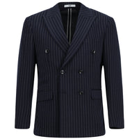 Koyu Lacivert 4 Drop Relaxed Fit Rahat Kesim Çizgili Örme Kruvaze Ceket