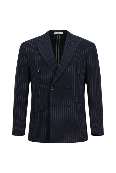 Koyu Lacivert 4 Drop Relaxed Fit Rahat Kesim Çizgili Örme Kruvaze Ceket