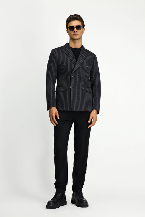 Koyu Antrasit 6 Drop Regular Fit Standart Kesim Çizgili Örme Kruvaze Ceket