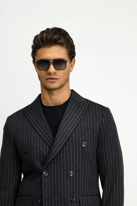 Koyu Antrasit 6 Drop Regular Fit Standart Kesim Çizgili Örme Kruvaze Ceket