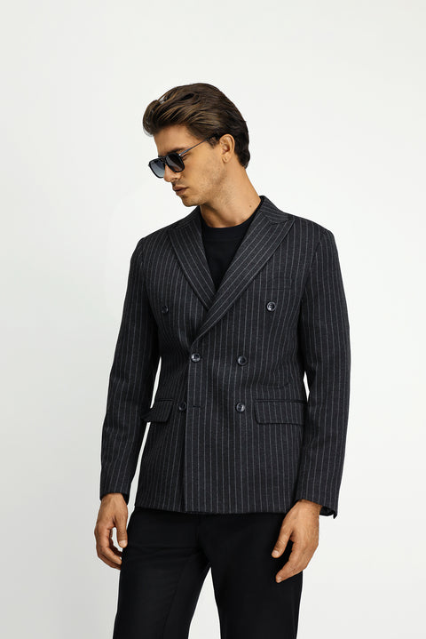 Koyu Antrasit 6 Drop Regular Fit Standart Kesim Çizgili Örme Kruvaze Ceket