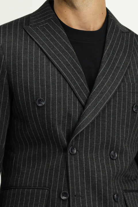 Koyu Antrasit 6 Drop Regular Fit Standart Kesim Çizgili Örme Kruvaze Ceket