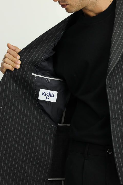 Koyu Antrasit 6 Drop Regular Fit Standart Kesim Çizgili Örme Kruvaze Ceket