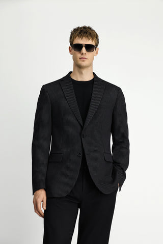  Siyah Super Slim Fit Ekstra Dar Kesim Örme Klasik Çizgili Ceket