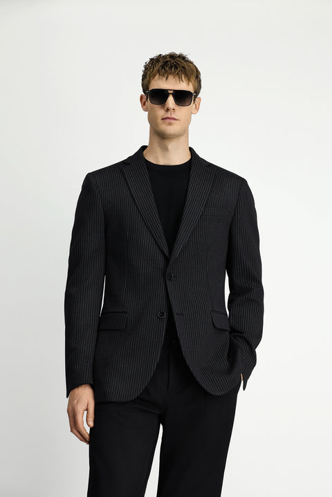 Siyah 7 Drop Super Slim Fit Eksra Dar Kesim Örme Klasik Çizgili Ceket