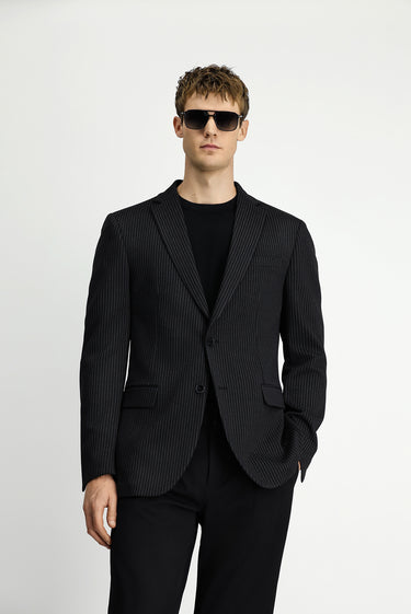  Siyah Muscle Fit Örme Klasik Çizgili Ceket