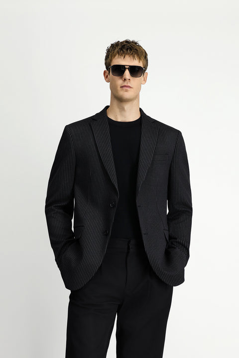 Siyah 7 Drop Super Slim Fit Eksra Dar Kesim Örme Klasik Çizgili Ceket