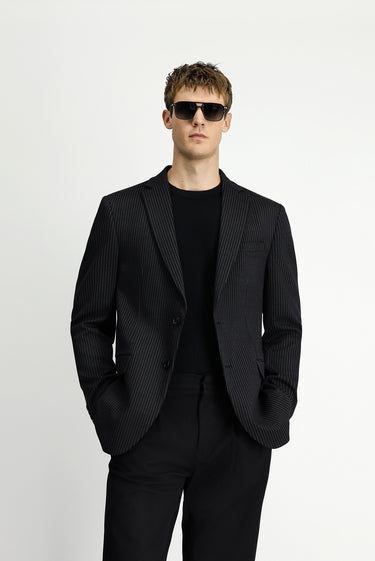  Siyah Muscle Fit Örme Klasik Çizgili Ceket